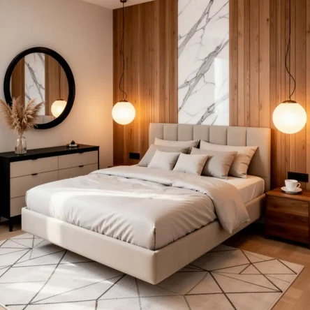 Парящая двуспальная кровать 160x200 см с изголовьем "Лепестки", БЕЗ КРЕПЛЕНИЯ К СТЕНЕ, на металлокаркасе