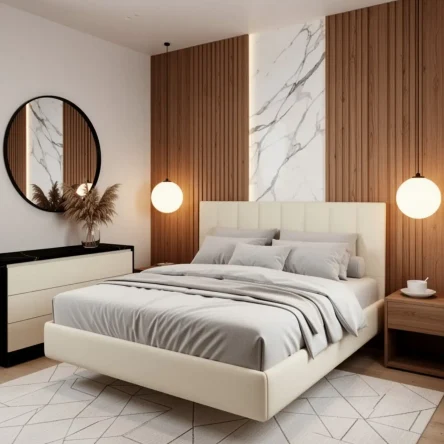 Парящая двуспальная кровать 160x200 см с изголовьем "Лепестки", БЕЗ КРЕПЛЕНИЯ К СТЕНЕ, на металлокаркасе