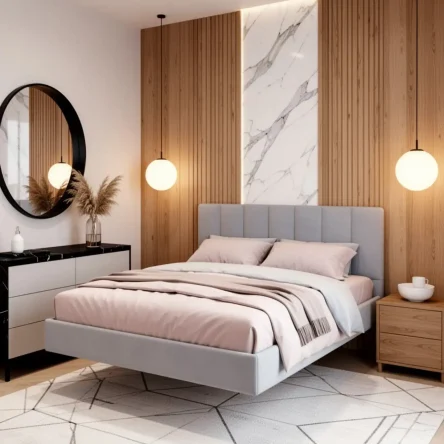 Парящая двуспальная кровать 160x200 см с изголовьем "Лепестки", БЕЗ КРЕПЛЕНИЯ К СТЕНЕ, на металлокаркасе